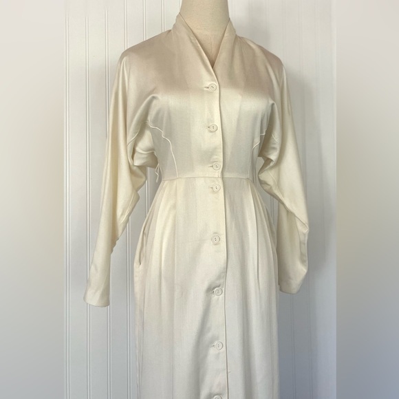 Vintage Cream Button Front Midi Dress Size XS Dolman Batwing Sleeves Tailored - Picture 5 of 16